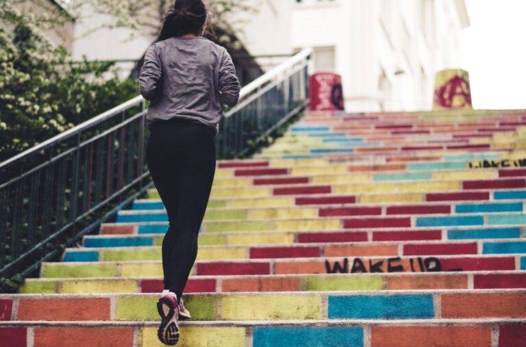 a woman running on stairs